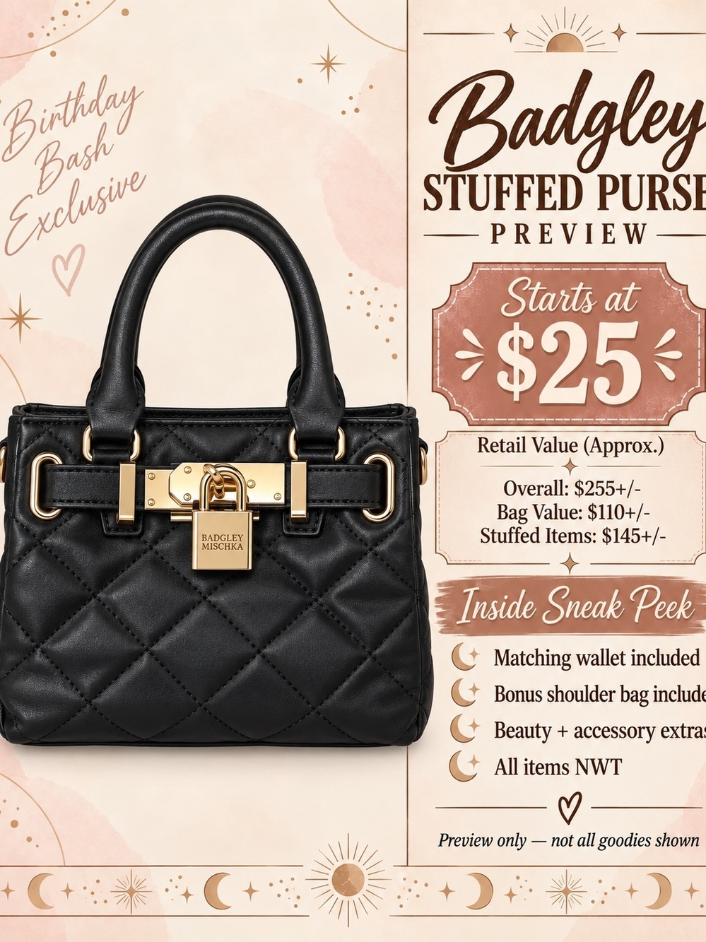 Badgley Mischka Black Quilted Satchel Stuffed Bag - Birthday Bash Exclusive